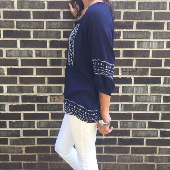 Navy Lace-up Embroidered Peasant Top - Picture 3 of 5